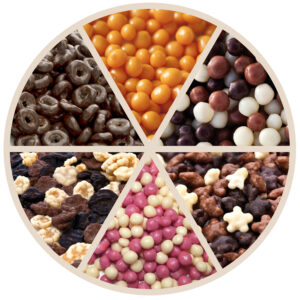 Schokolierte Extrudate in unterschiedlichen Farben. Angeordnet in einzelnen Feldern in einem Kreis.