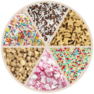 Zuckerdekore in unterschiedlichen Farben. Angeordnet in einzelnen Feldern in einem Kreis.